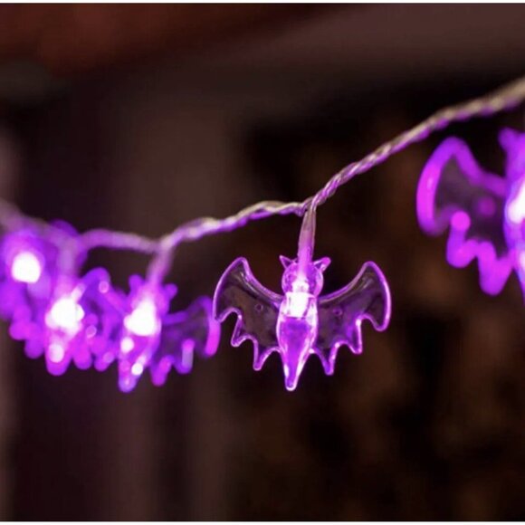 Halloween 10 Led Purple Bat String Lights Black Wire 6 Feet Battery Operated New - Picture 8 of 16